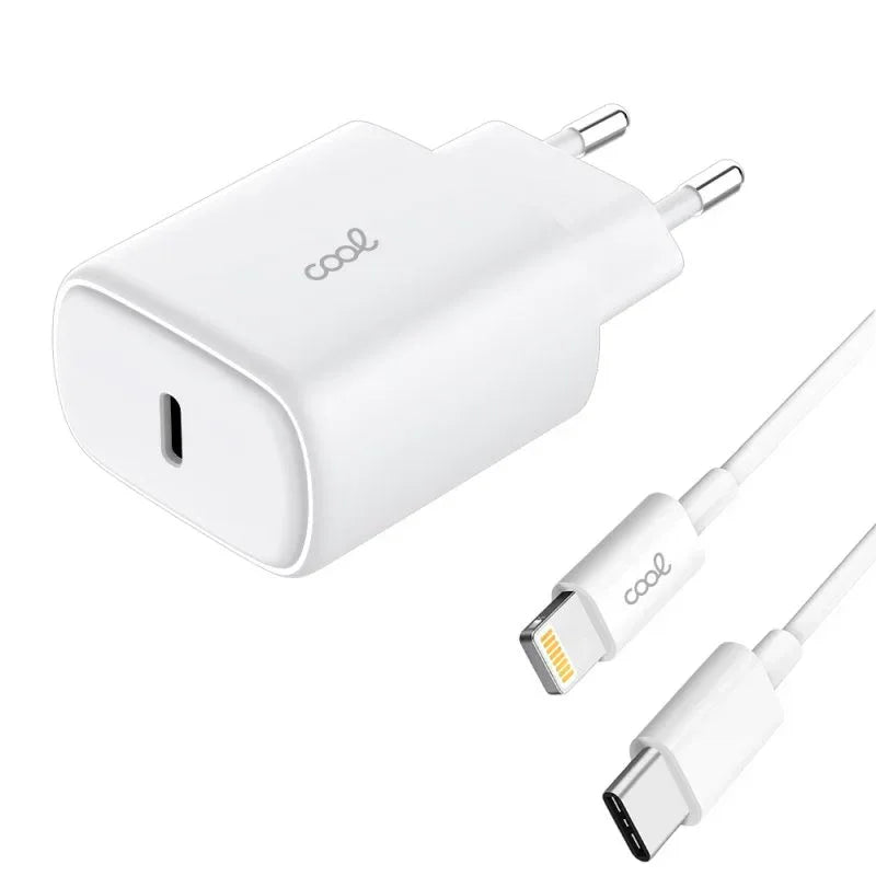 Cargador Red Universal Fast Adapt. (PD) Tipo-C COOL (25W) Blanco + Cable Tipo-C a Lightning - PixelPlaza