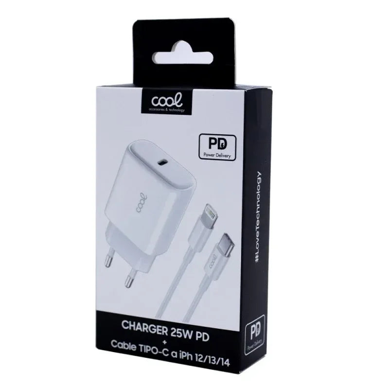 Cargador Red Universal Fast Adapt. (PD) Tipo-C COOL (25W) Blanco + Cable Tipo-C a Lightning - PixelPlaza
