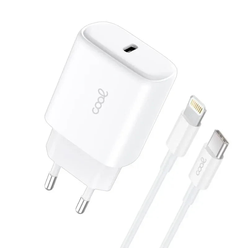 Cargador Red Universal Fast Adapt. (PD) Tipo-C COOL (25W) Blanco + Cable Tipo-C a Lightning - PixelPlaza