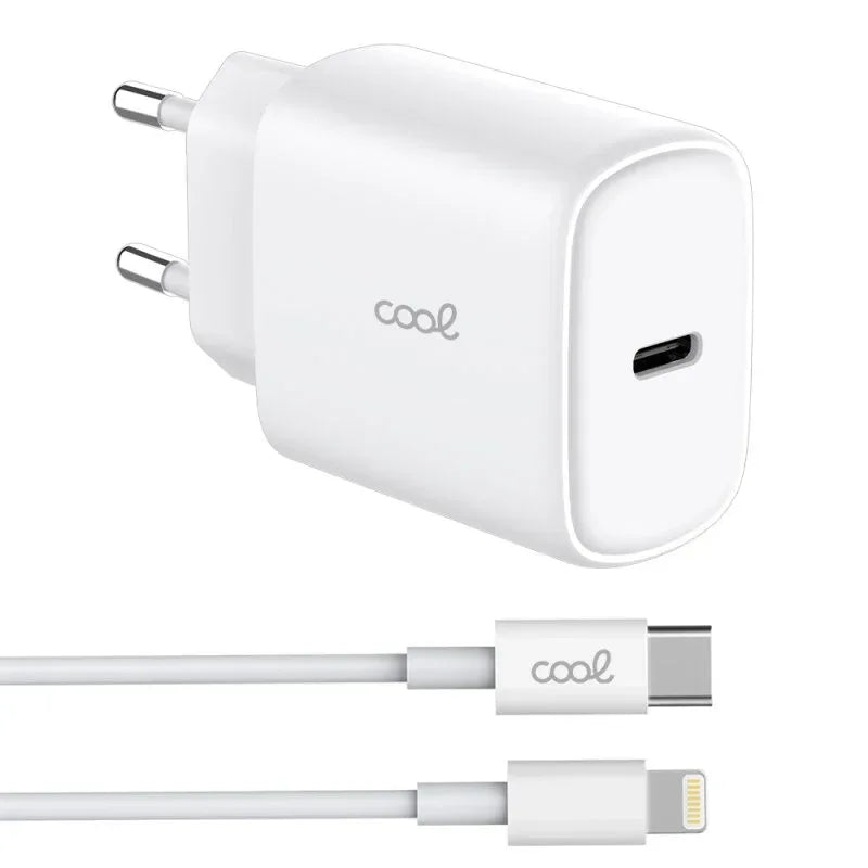 Cargador Red Universal Fast Adapt. (PD) Tipo-C COOL (25W) Blanco + Cable Tipo-C a Lightning - PixelPlaza