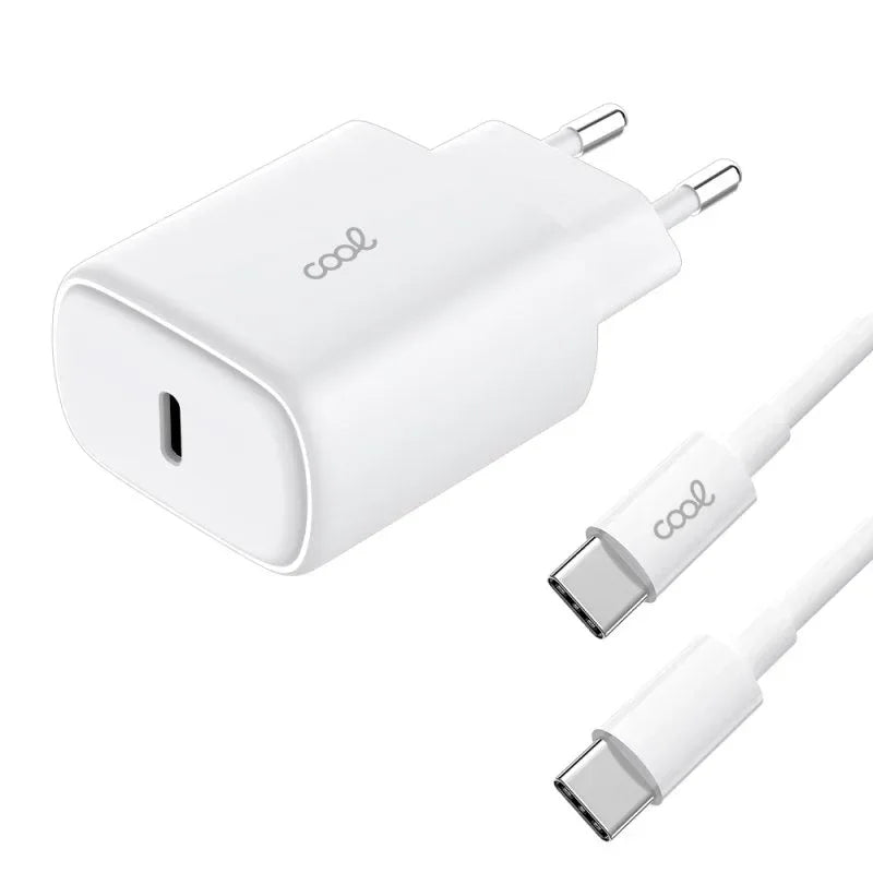 Cargador Red Universal Fast Adapt. (PD) Tipo-C COOL (25W) Blanco + Cable Tipo-C a Tipo-C - PixelPlaza