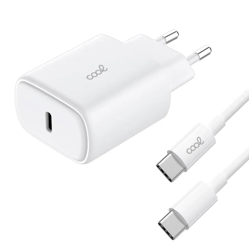 Cargador Red Universal Fast Adapt. (PD) Tipo-C COOL (25W) Blanco + Cable Tipo-C a Tipo-C - PixelPlaza