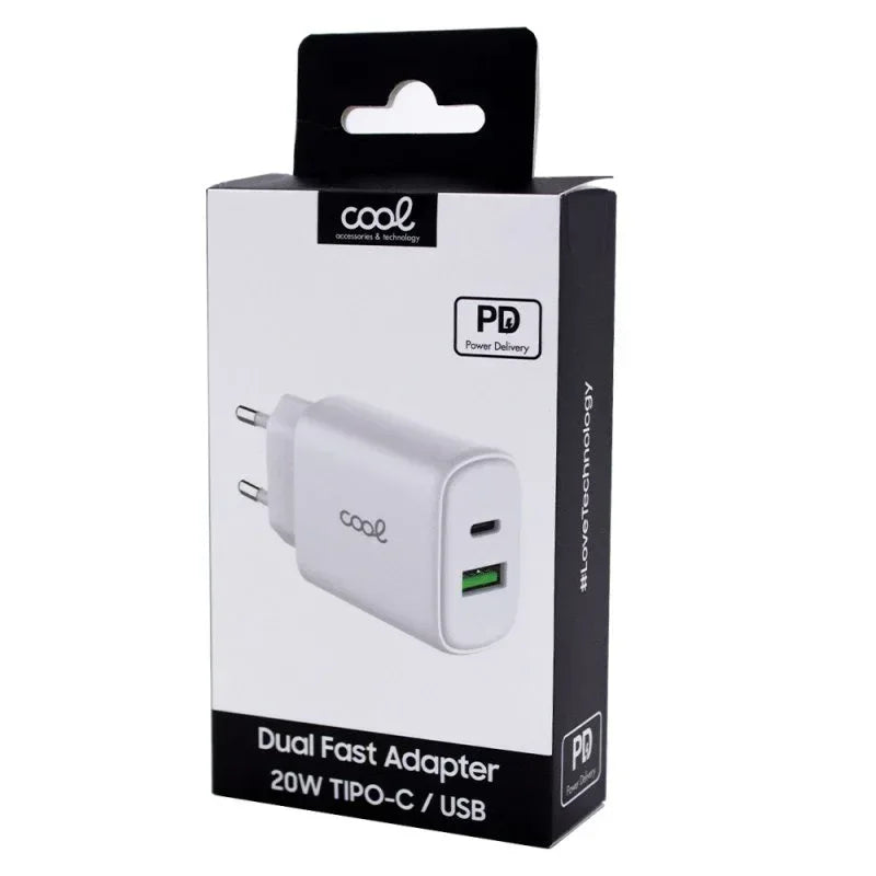 Cargador Red Universal Fast Charger (PD) Dual Tipo-C / USB COOL (20W) Blanco - PixelPlaza