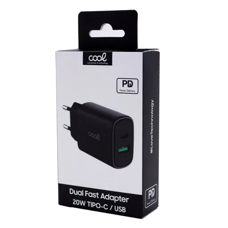 Cargador Red Universal Fast Charger (PD) Dual Tipo-C / USB COOL (20W) Negro - PixelPlaza