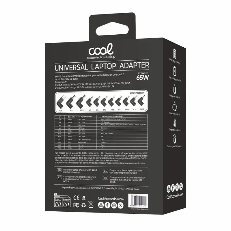 Cargador Red Universal Ordenad. Portátiles 65w Automático COOL + 11 conectores (USB QC3.0) - PixelPlaza