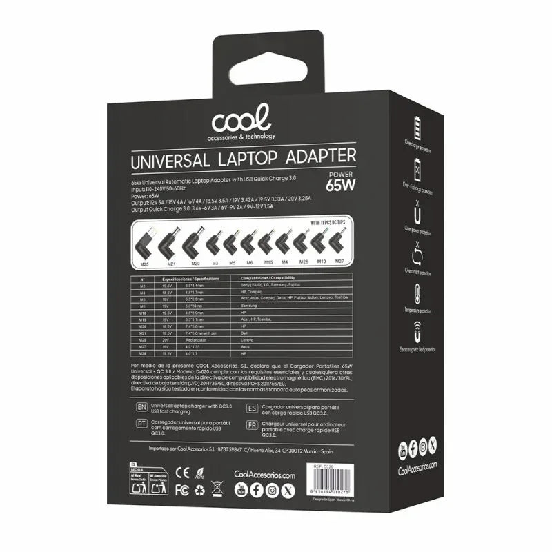 Cargador Red Universal Ordenad. Portátiles 65w Automático COOL + 11 conectores (USB QC3.0) - PixelPlaza