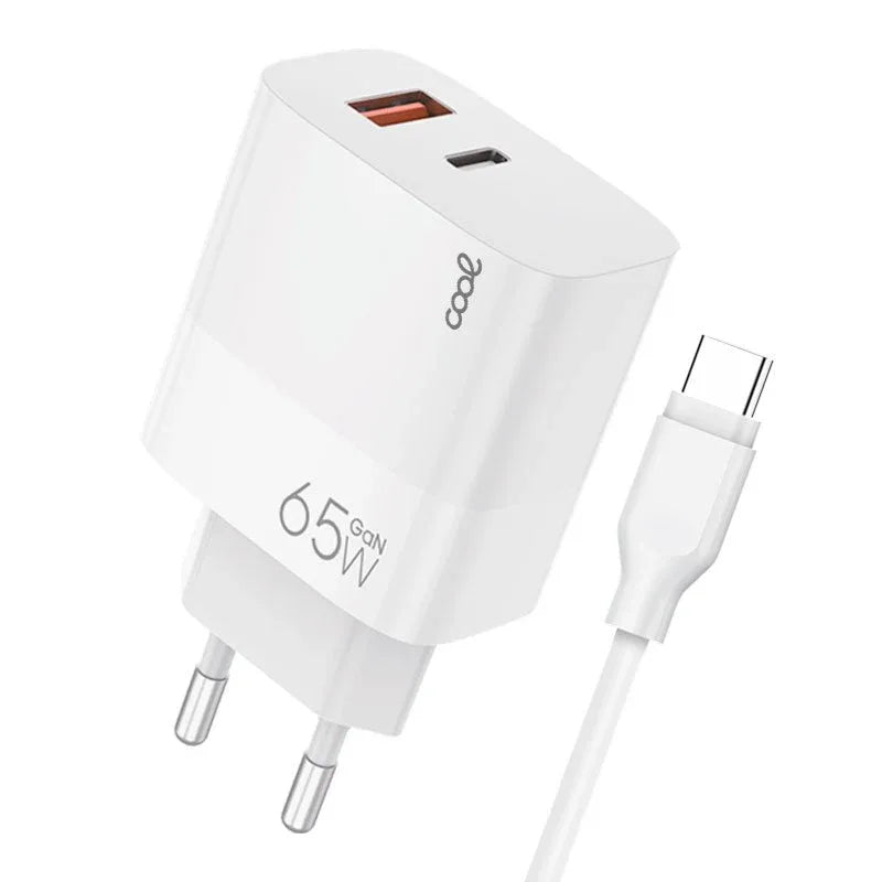 Cargador Red Universal Ultra Fast PD Tipo-C + USB COOL (65W + Cable Tipo-C) GaN Blanco - PixelPlaza