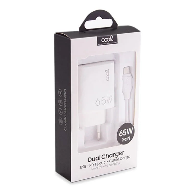 Cargador Red Universal Ultra Fast PD Tipo-C + USB COOL (65W + Cable Tipo-C) GaN Blanco - PixelPlaza