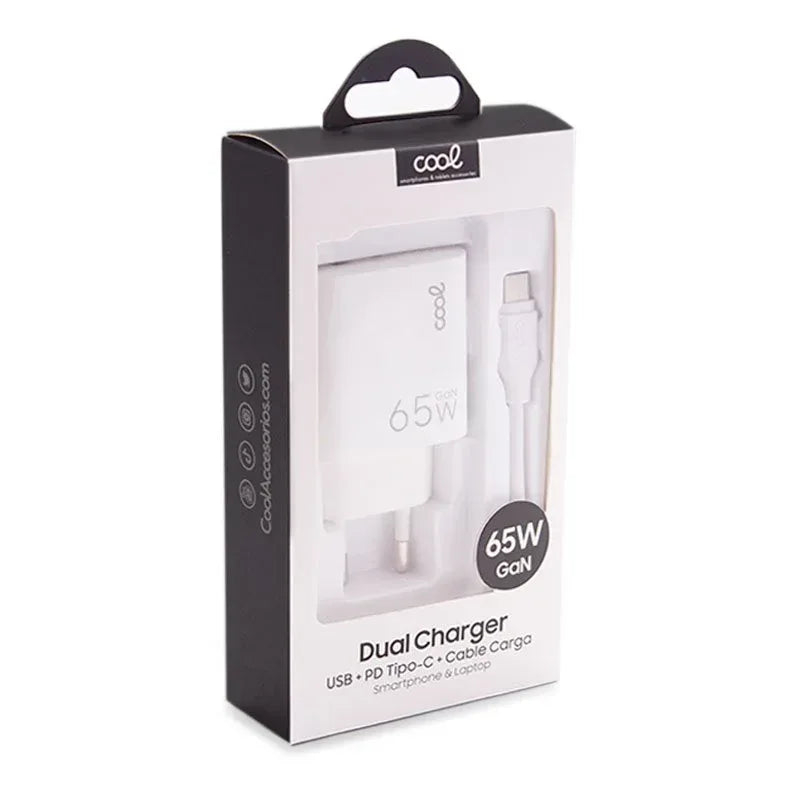 Cargador Red Universal Ultra Fast PD Tipo-C + USB COOL (65W + Cable Tipo-C) GaN Blanco - PixelPlaza