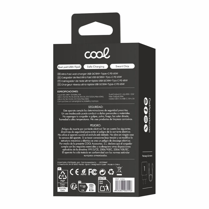 Cargador Red Universal Ultra Fast PD Tipo-C + USB COOL (65W + Cable Tipo-C) GaN Negro