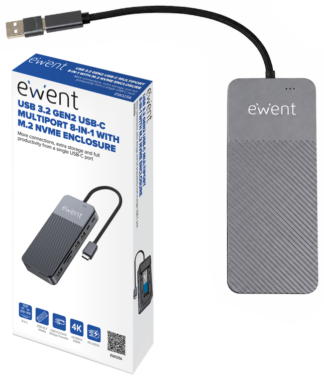 Ewent EW1156 base para portátil y replicador de puertos Alámbrico USB 3.2 Gen 1 (3.1 Gen 1) Type-C Aluminio