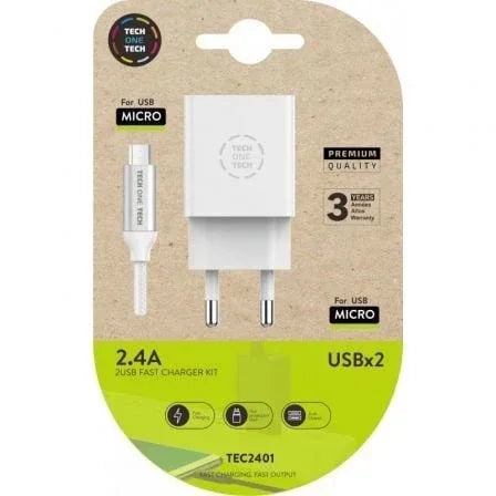 Cargador de Pared Tech One Tech TEC2401/ 2xUSB + Cable Micro USB/ 12W/ Blanco - PixelPlaza