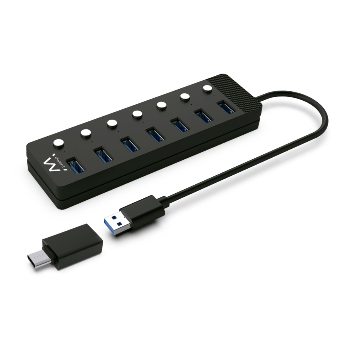 Hub Ewent 7 puertos USB 3.0 + interruptor - USB tipo a + adaptador USB tipo c