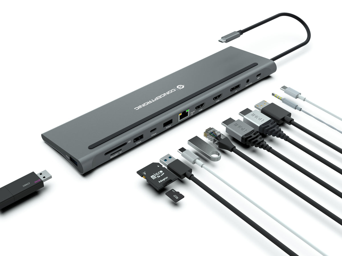 Docking station Conceptronic USB tipo c donn17g 2 x HDMI · 1 x dp · 2 x USB 3.0 · 1 x USB 2.0 · 1 x RJ45 · 1 x aux · lec