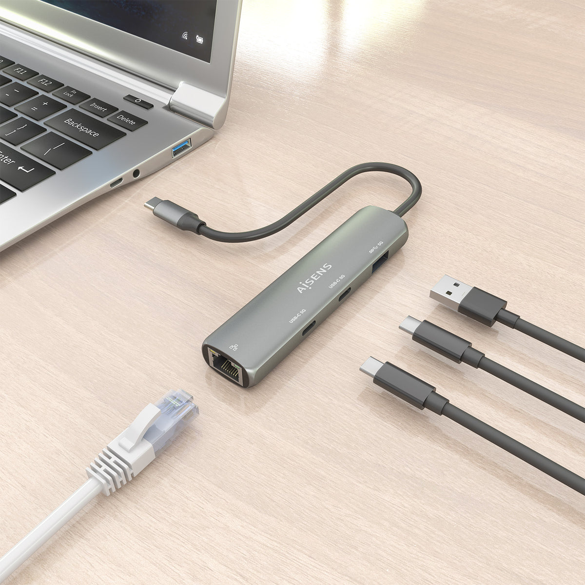 Hub USB Tipo-C Aisens ASUC-4P040-GR/ 2xUSB Tipo-C/ 1xUSB/ 1xRJ45/ Gris