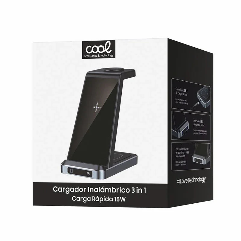 Dock Base Qi Cargador Inalámbrico 3 en 1 COOL Negro - PixelPlaza