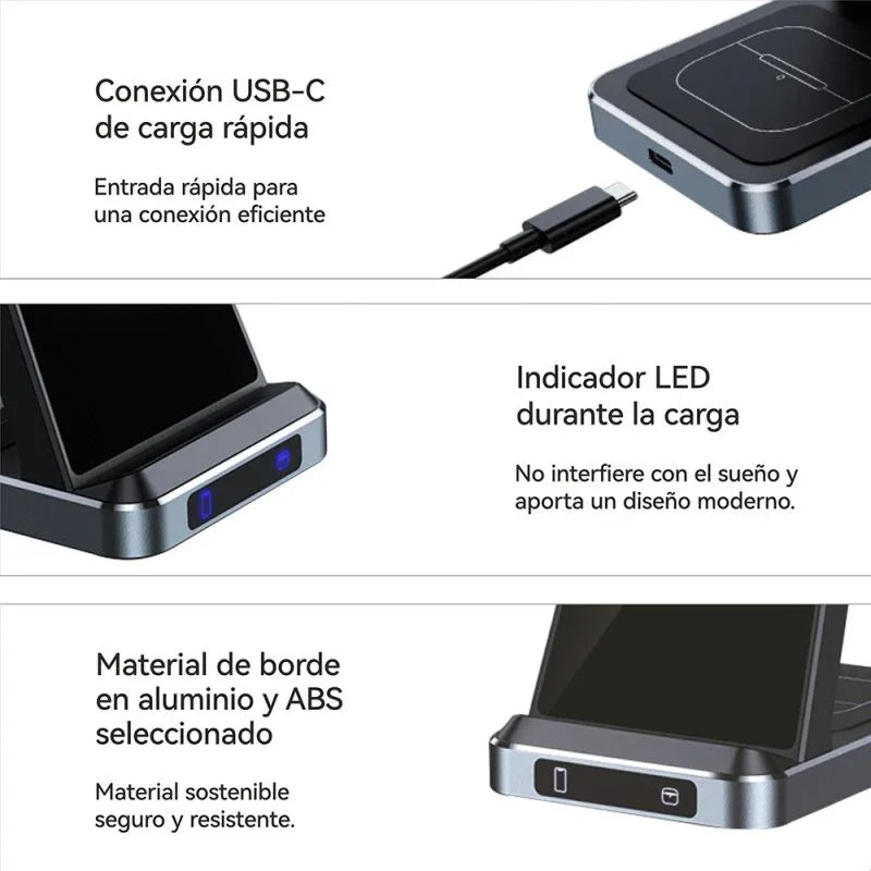 Dock Base Qi Cargador Inalámbrico 3 en 1 COOL Negro - PixelPlaza