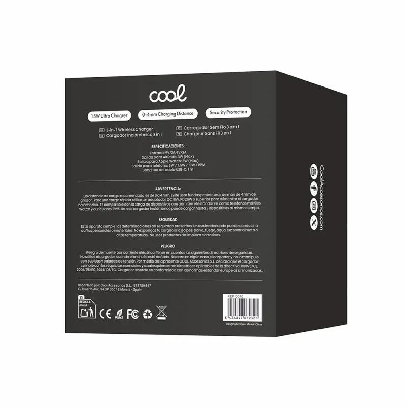 Dock Base Qi Cargador Inalámbrico 3 en 1 COOL Negro - PixelPlaza