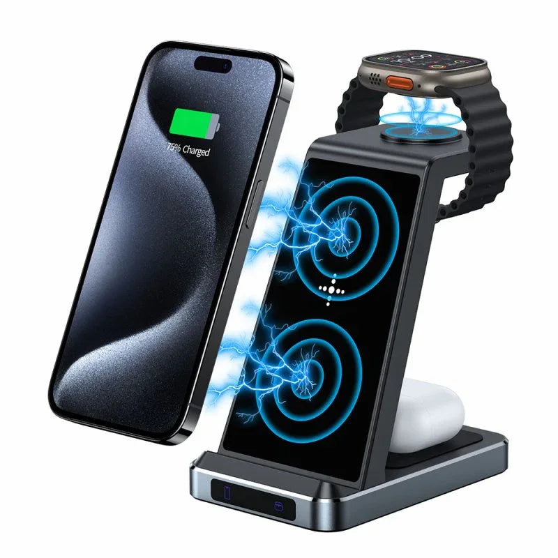 Dock Base Qi Cargador Inalámbrico 3 en 1 COOL Negro - PixelPlaza