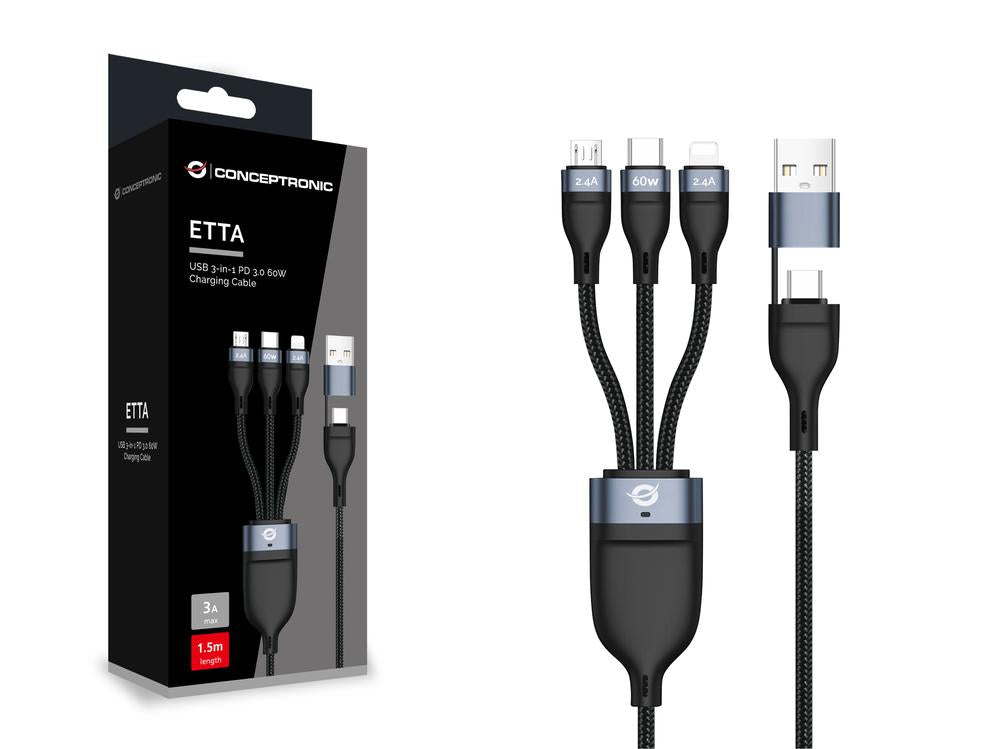 Cable USB 3in1 Conceptronic 1.5m pd 3.0 100w 20v 5a 480mbps e - mark