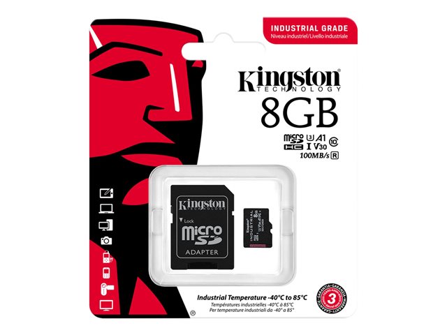 Tarjeta memoria micro secure digital sdhc 8GB Kingston industrial clase 10 uhs - i u3 + adaptador sd