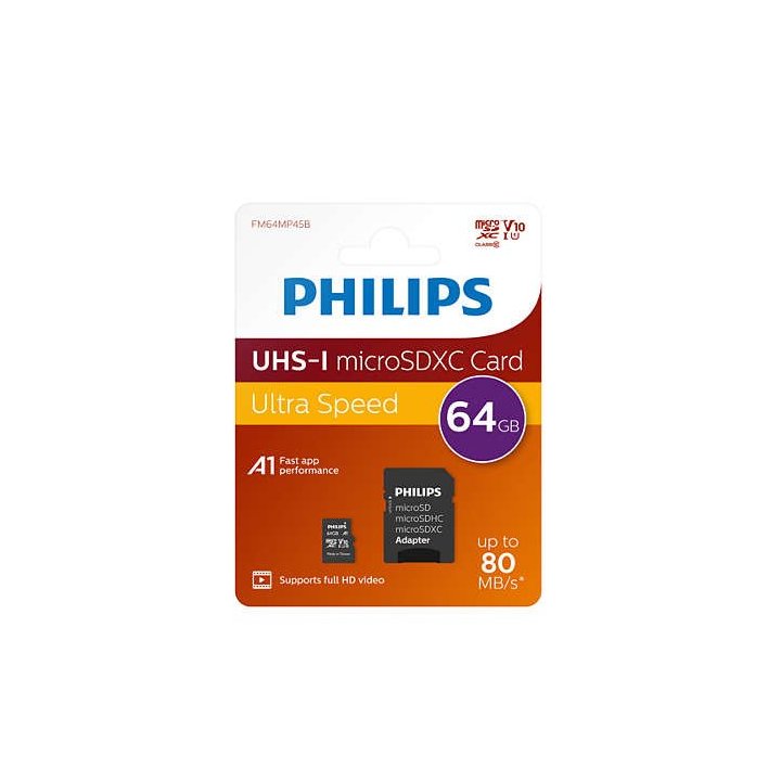 Tarjeta memoria micro sdxc Philips 64GB clase 10 + adaptador sd