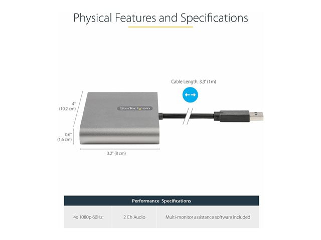 Adaptador USB 3.0 a 4x HDMI startech 1m · macho - hembra · gris
