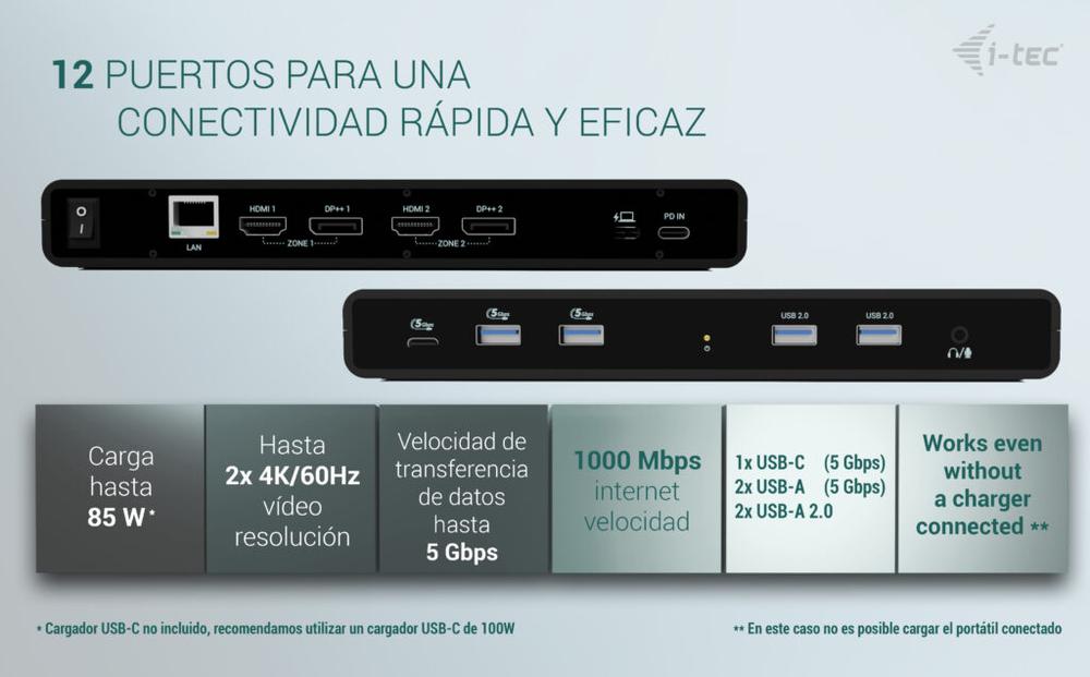 Docking station i - tec 12 en 1 + cargador universal 85w