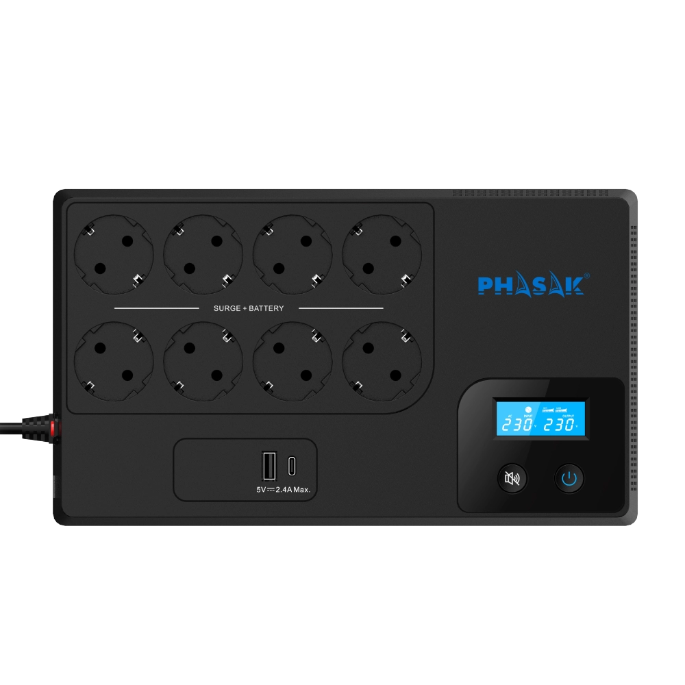 Sai ups Phasak 1050va smart home 1kva interactivo avr pantalla lcd carga frontal USB a+c ph 9479