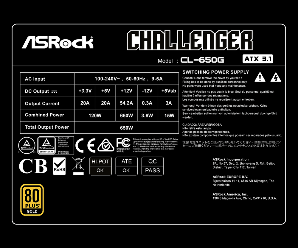 Fuente alimentacion Asrock challenger cl - 650g gaming ATX 650w negra