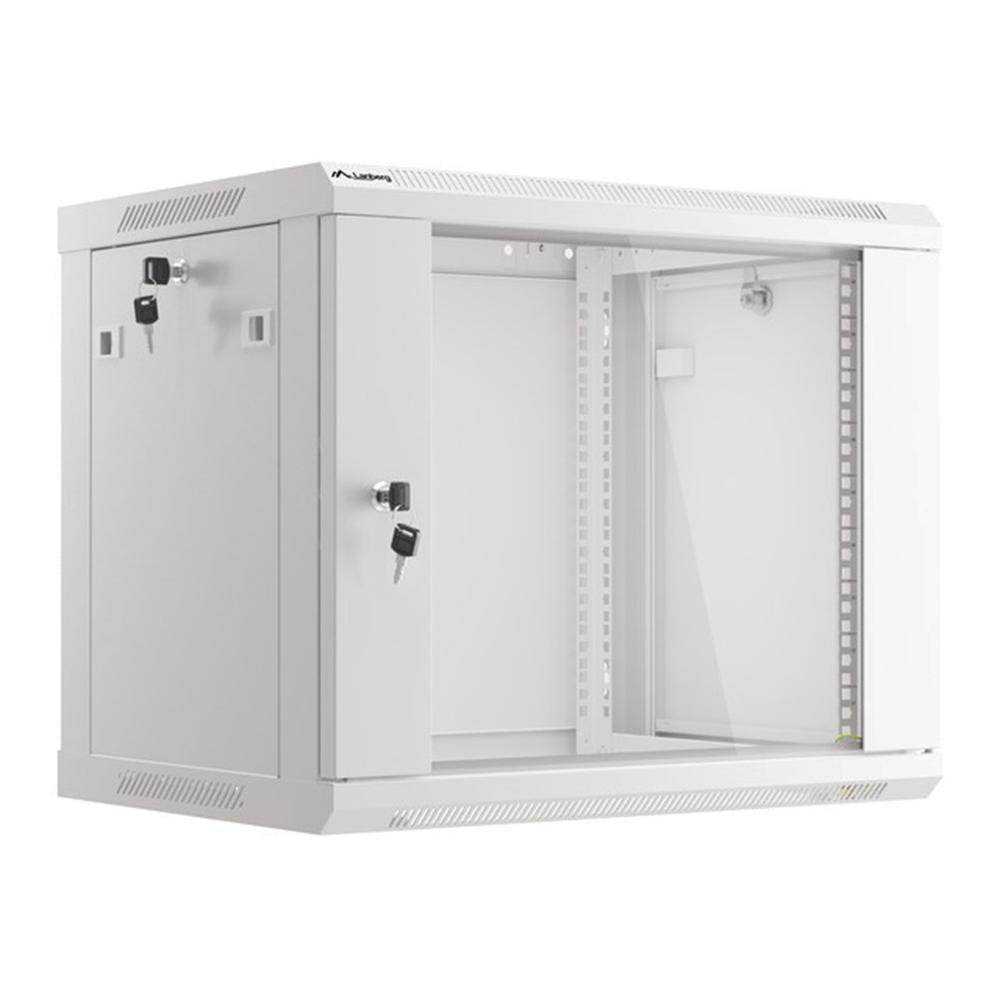 Armario Lanberg mural rack 19 pulgadas 9u · 600x450 flat pack v2 puerta cristal gris