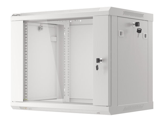 Armario Lanberg mural rack 19 pulgadas 9u · 600x450 flat pack v2 puerta cristal gris