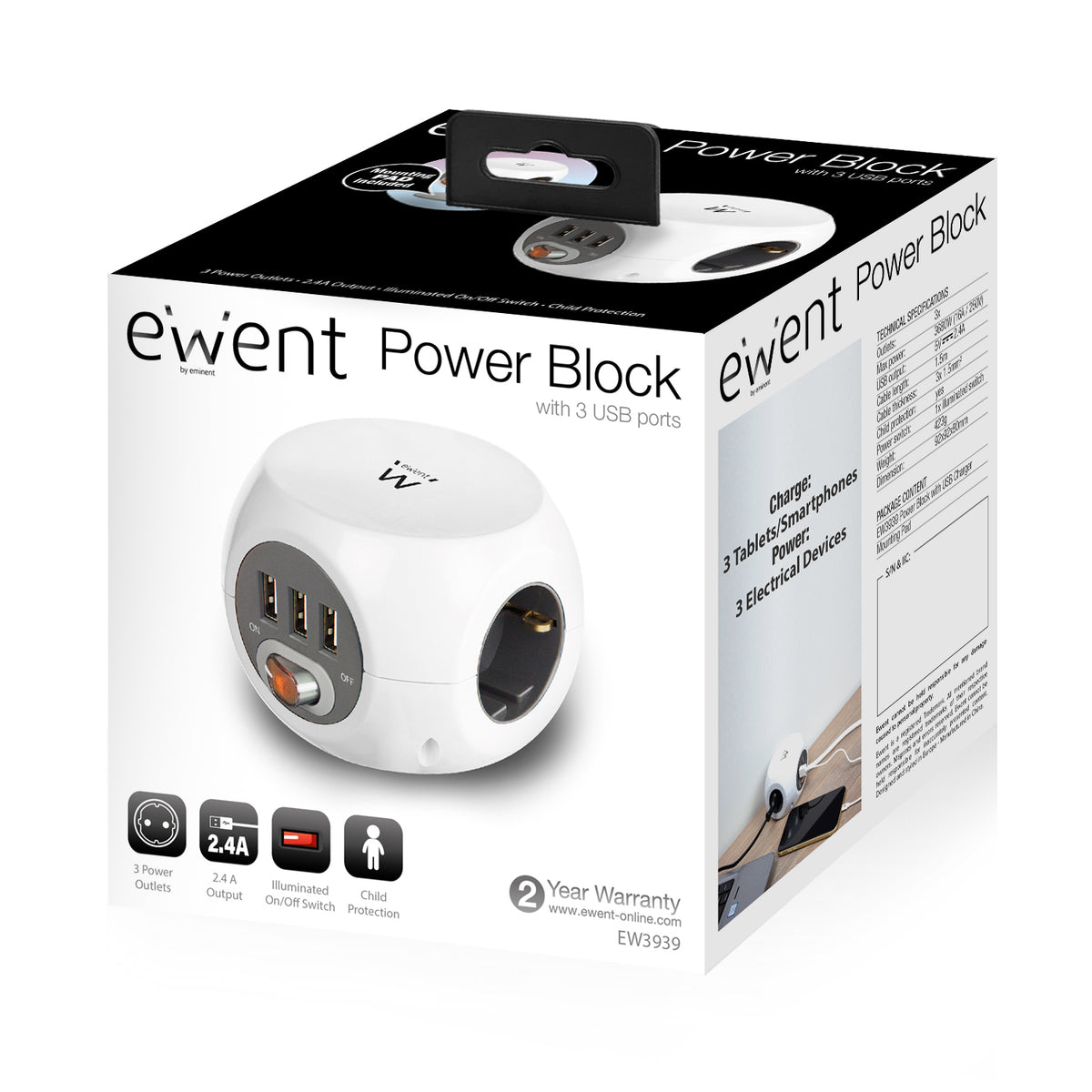 Regleta cubica Ewent ew3939 3 tomas shucko · 3 puertos USB · 1.5m