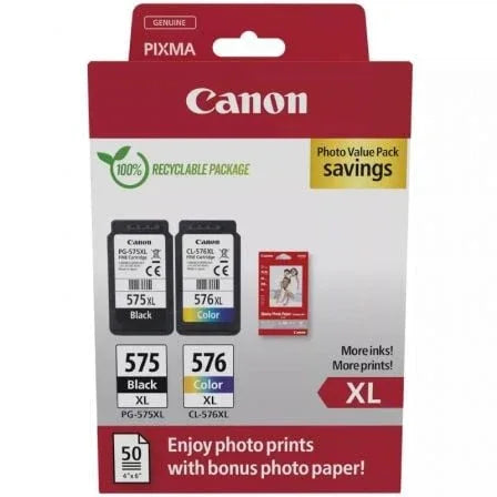 Cartucho de Tinta Original Canon PG-575XL + CL576XL Multipack Alta Capacidad/ Negro/ Tricolor + Papel Fotográfico - PixelPlaza
