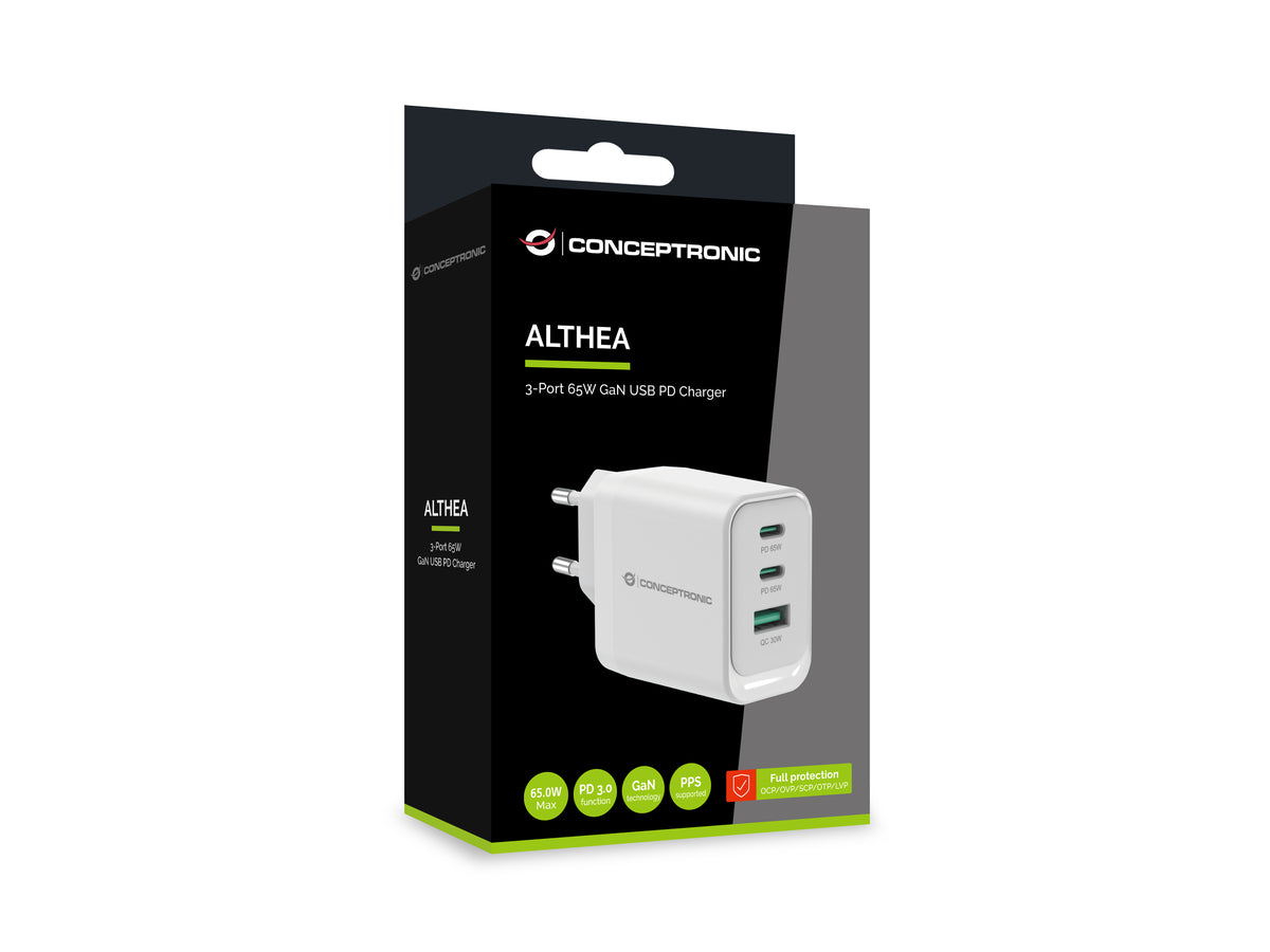 Cargador de pared Conceptronic althea21w65 65w 2x USB tipo c 1x USB tipo a blanco