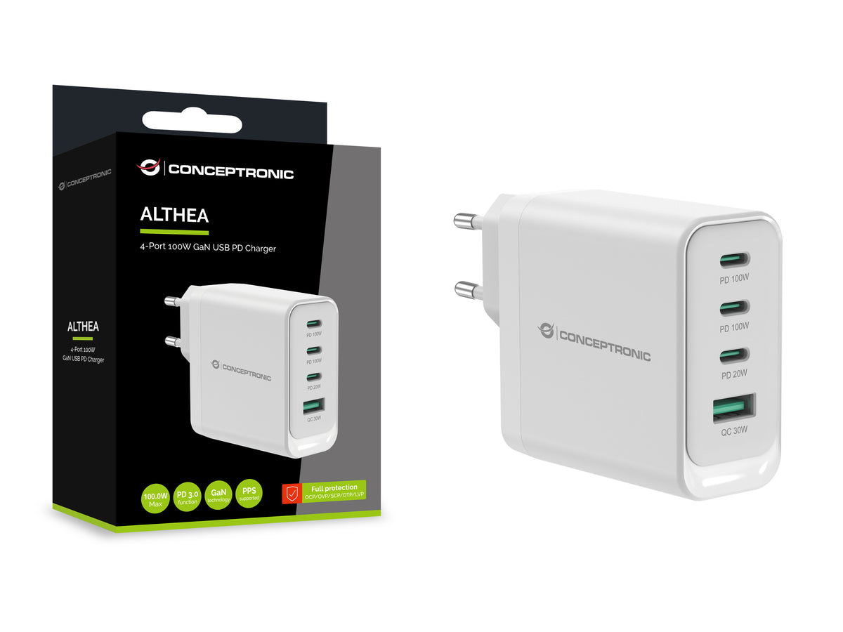 Cargador de pared Conceptronic althea22w100 100w 3x USB tipo c 1x USB tipo a blanco