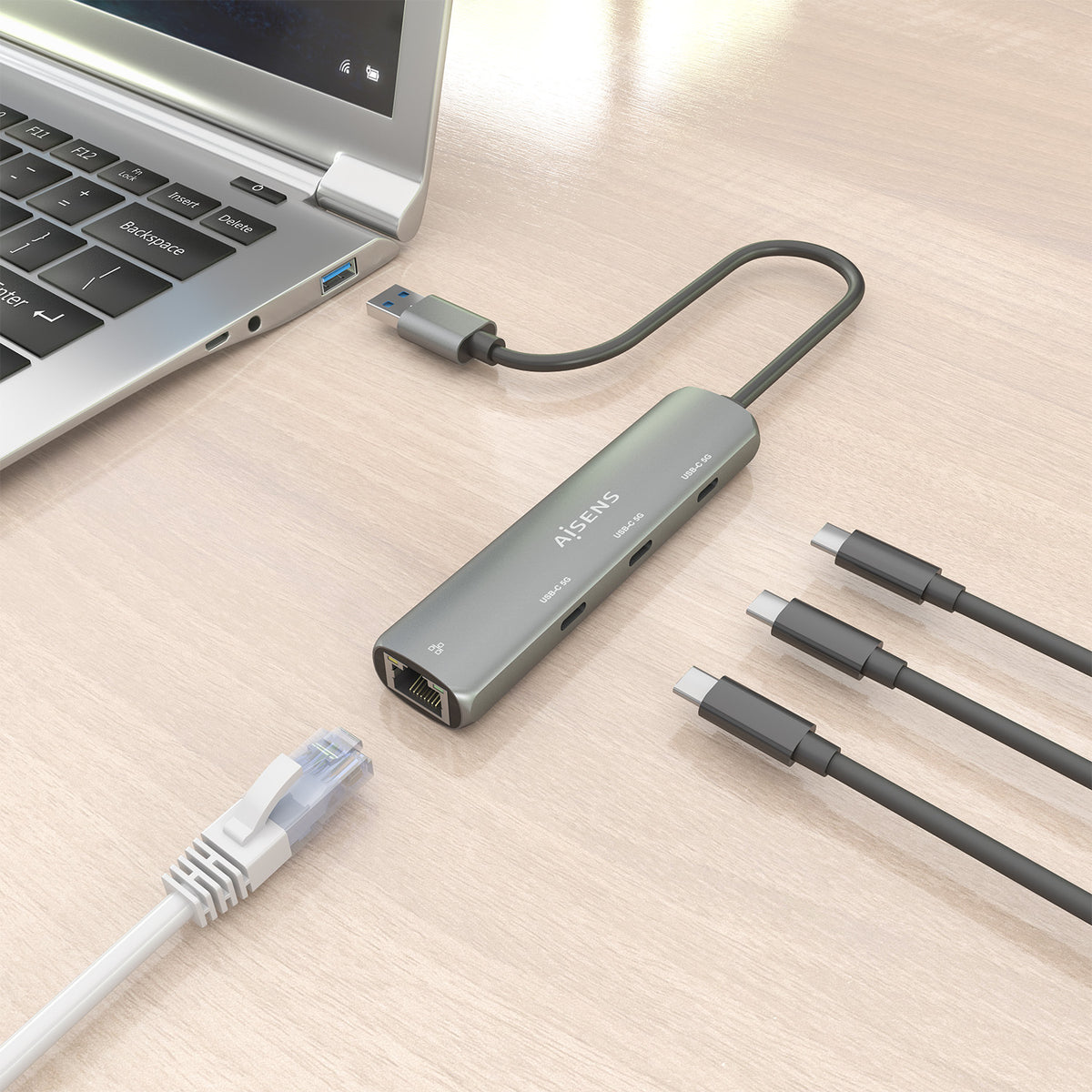 Hub USB Aisens ASUC-4P037-GR/ 3xUSB Tipo-C/ 1xRJ45/ Gris