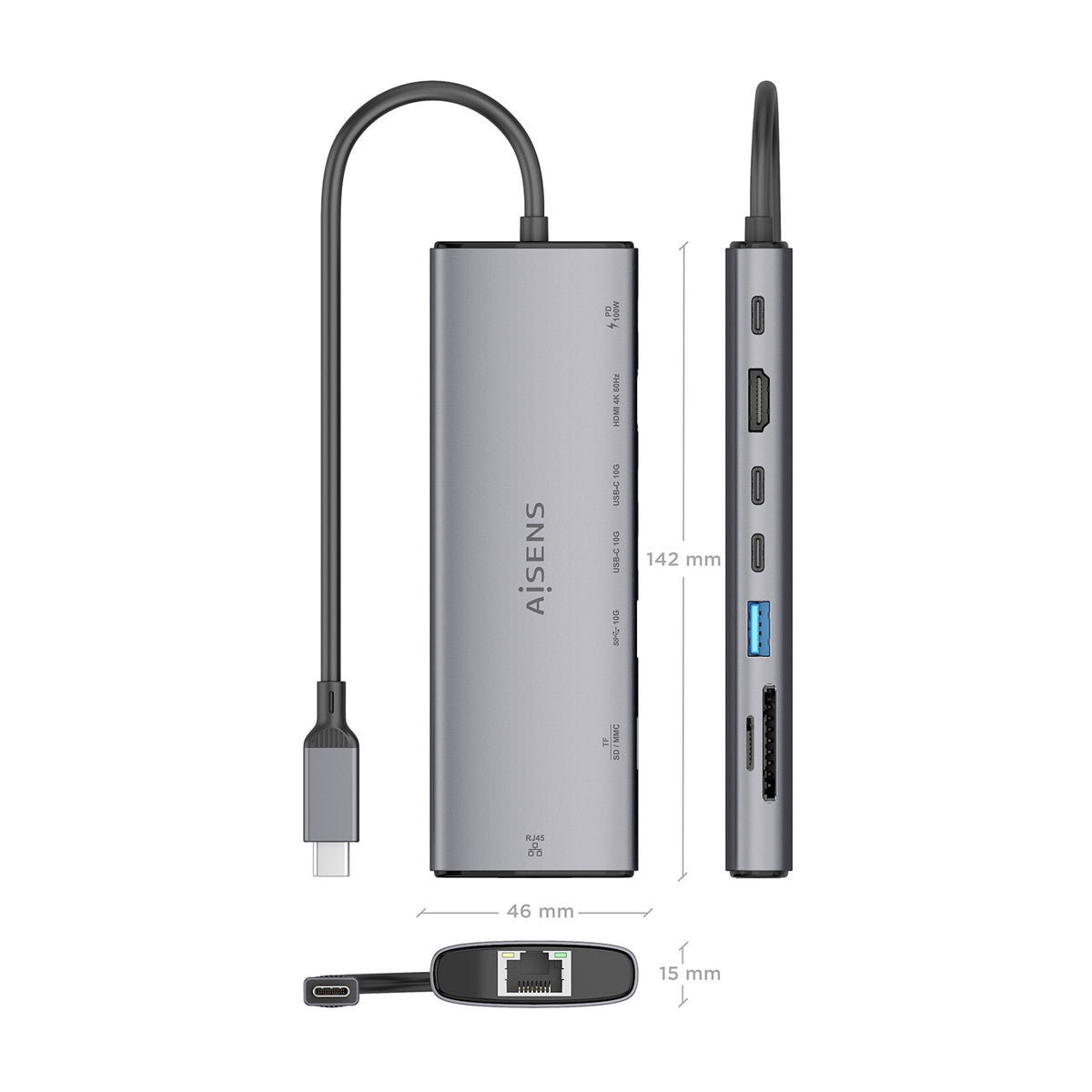 Docking USB Tipo-C Aisens ASUC-8P033-GR/ 1xHDMI 4K/ 1xUSB/ 2xUSB Tipo-C/ 1xRJ45/ 1xLector Tarjetas/ 1xUSB Tipo-C PD/ Gri
