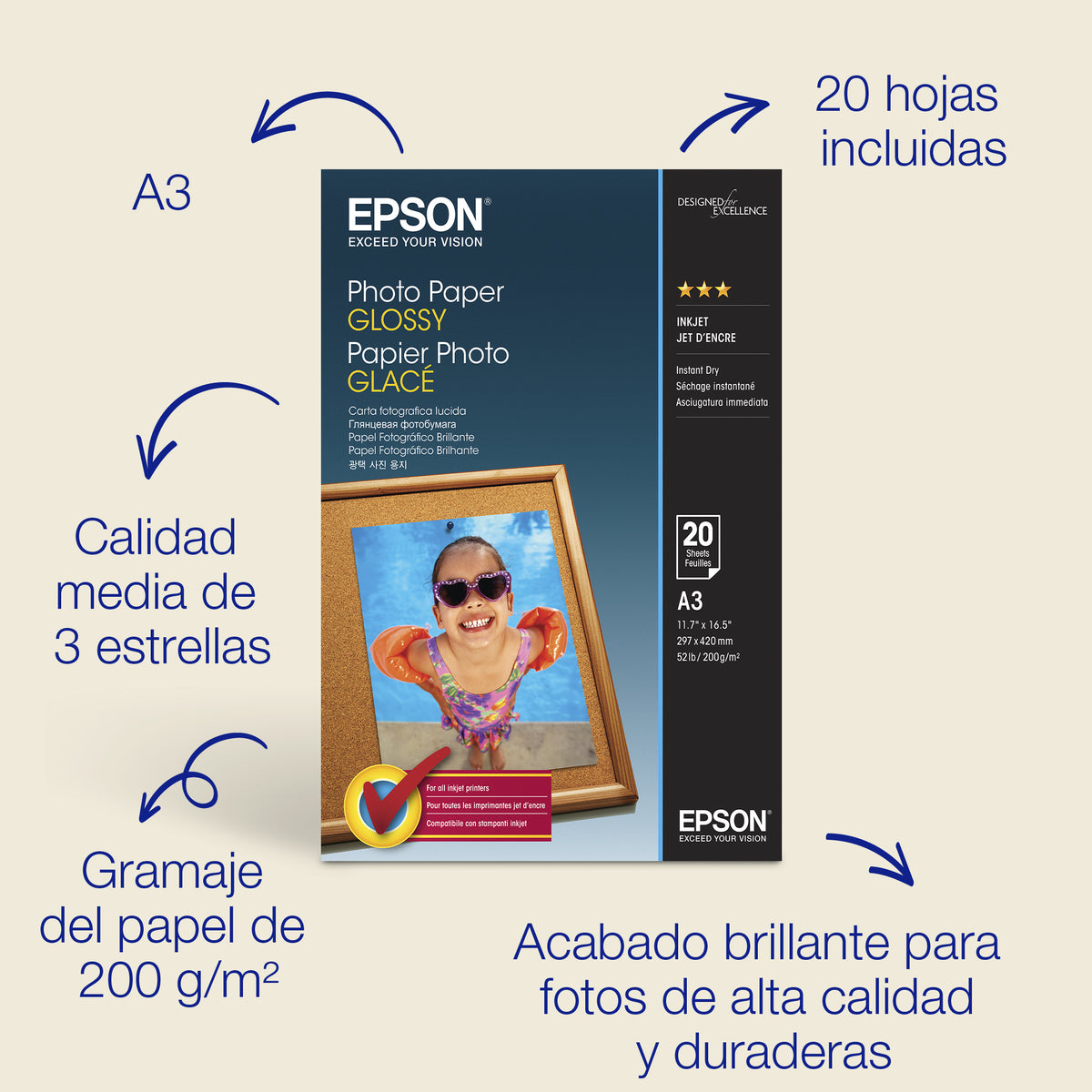 Papel foto Epson s042536 a3 glosy 20 hojas 200grs