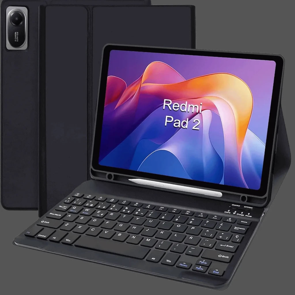 Funda con Teclado Español para Redmi Pad 2 9.7"/Poco Pad C1 WiFi 4G Negro