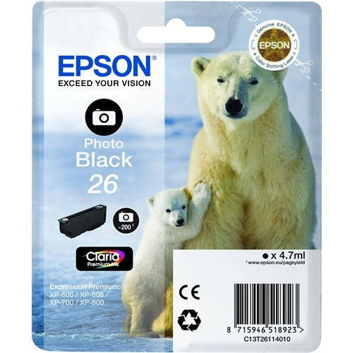 Epson Cartucho Negro Foto T26 200 pag. XP/600/605/700/800