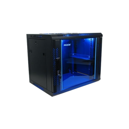 Armario rack mural Phasak 12U 600x450 negro + Ventilacion/Luz Azul