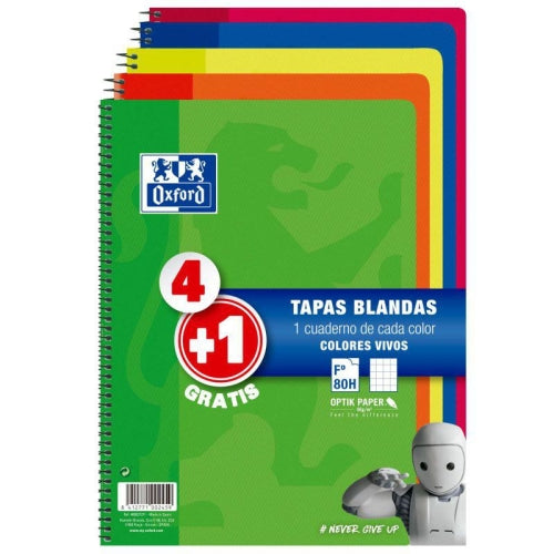 Oxford Cuaderno Espiral 80 hojas 4X4 con margen tapas blandas folio colores vivos -pack 4+1