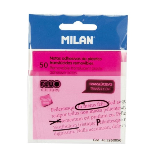 Milan Notas Adhesivas 50 hojas 76X76MM translúcidas rosa fluorescente