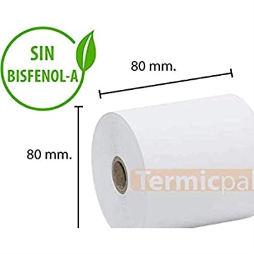 Papel termico 80X80X12 mm 56GR - paquete de 8 rollos - sin bisfenol-a (caja completa 6 paquetes)