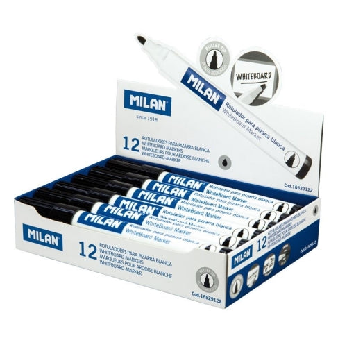 Milan Rotulador Pizarra Blanca Negro - Punta Redonda 3.7MM - 12 unidades