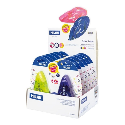 Milan Pegamento En Cinta 8,4MM x 12M colores surtidos blister - expositor 12U