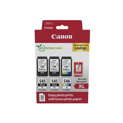 Canon PG-545XL/CL-546XL Multipack de 3 Cartuchos de Tinta Originales + 50 Hojas de Papel Fotografico - 8286B015