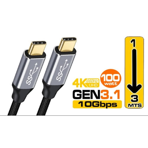 Cable USB 3.2 Gen2 C - C (thunderboldt) 100W 10 Gbps 4K 60Hz 3 metros