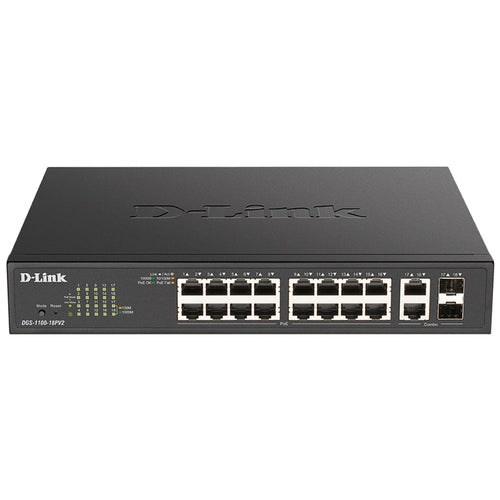 Switch semigestionable D-Link DGS-1100-18PV2 16P giga POE + 2P combo giga/sfp 130W POE rack